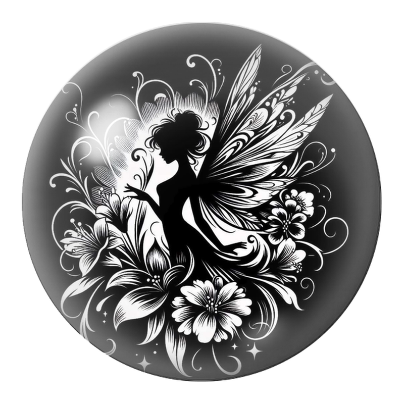 Cabochon en Verre Illustré Fée Noire parmi les Fleurs Blanches 12 à 25mm