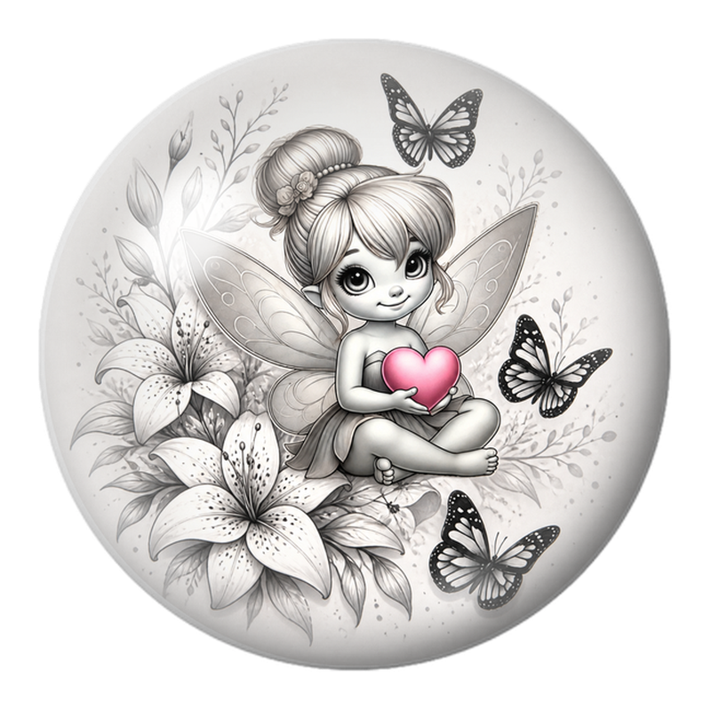 Cabochon en Verre Illustré Petite Fée au Cœur Rose et aux Papillons 12 à 25mm
