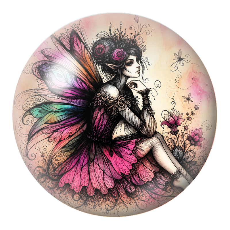 Cabochon en Verre Illustré Fée aux Roses et Ailes Multicolores 12 à 25mm