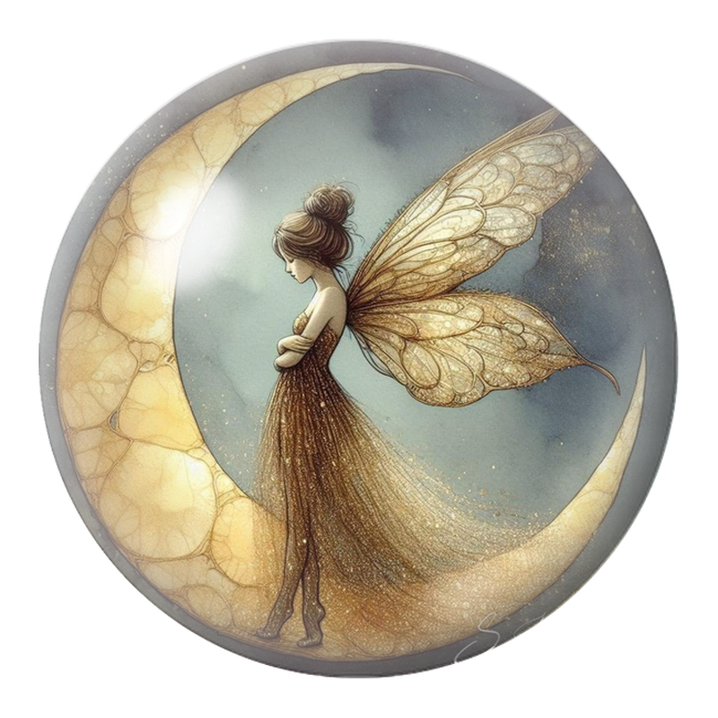 Cabochon en Verre Illustré Fée Dorée debout sur le Croissant de Lune 12 à 25mm