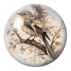 Cabochon en Verre Illustré Fée Voyageuse sur un Rouge-gorge 12 à 25mm pour la Création de Bijoux Fantaisie - DIY