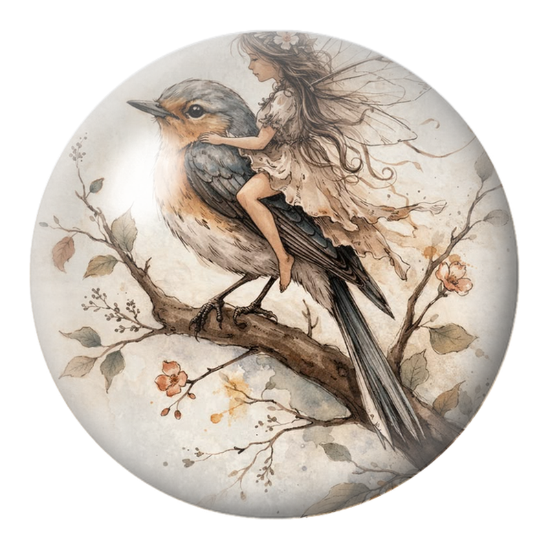 Cabochon en Verre Illustré Fée Voyageuse sur un Rouge-gorge 12 à 25mm
