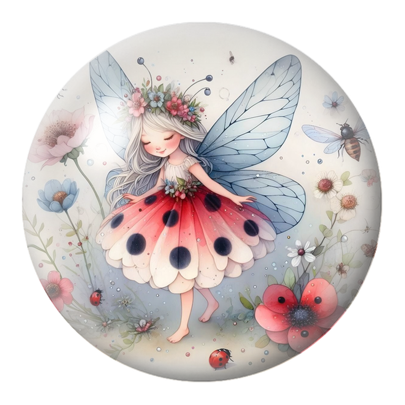 Cabochon en Verre Illustré Petite Fée Coccinelle au Jardin 12 à 25mm