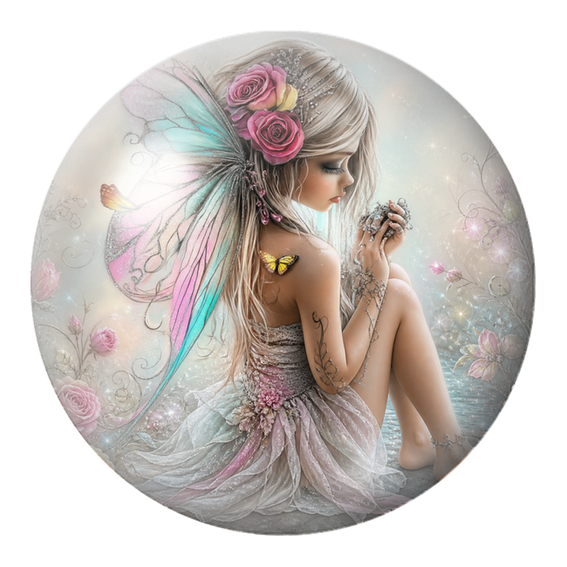 Cabochon en Verre Illustré Fée aux Roses et Ailes Pastel 12 à 25mm