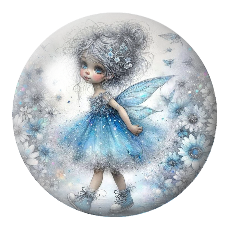 Cabochon en Verre Illustré Petite Fée Bleue aux Baskets 12 à 25mm