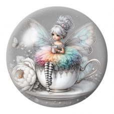 Cabochon en Verre Illustré Petite Fée sur une Tasse Pastel 12 à 25mm pour la Création de Bijoux Fantaisie - DIY
