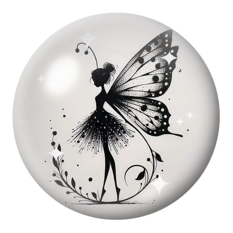 Cabochon en Verre Illustré Silhouette de Fée Papillon en Noir et Blanc 12 à 25mm
