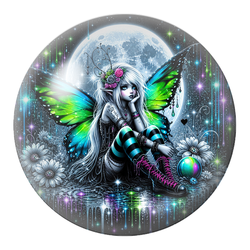 Cabochon en Verre Illustré Fée Punk aux Ailes Vertes 12 à 25mm