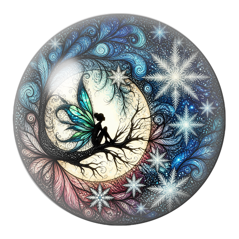 Cabochon en Verre Illustré Fée d'Hiver sur une Branche 12 à 25mm