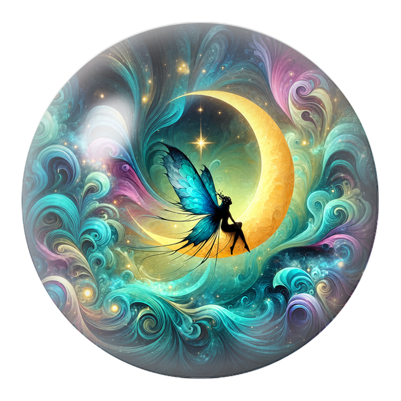 Cabochon en Verre Illustré Fée Assise sur le Croissant de Lune 12 à 25mm
