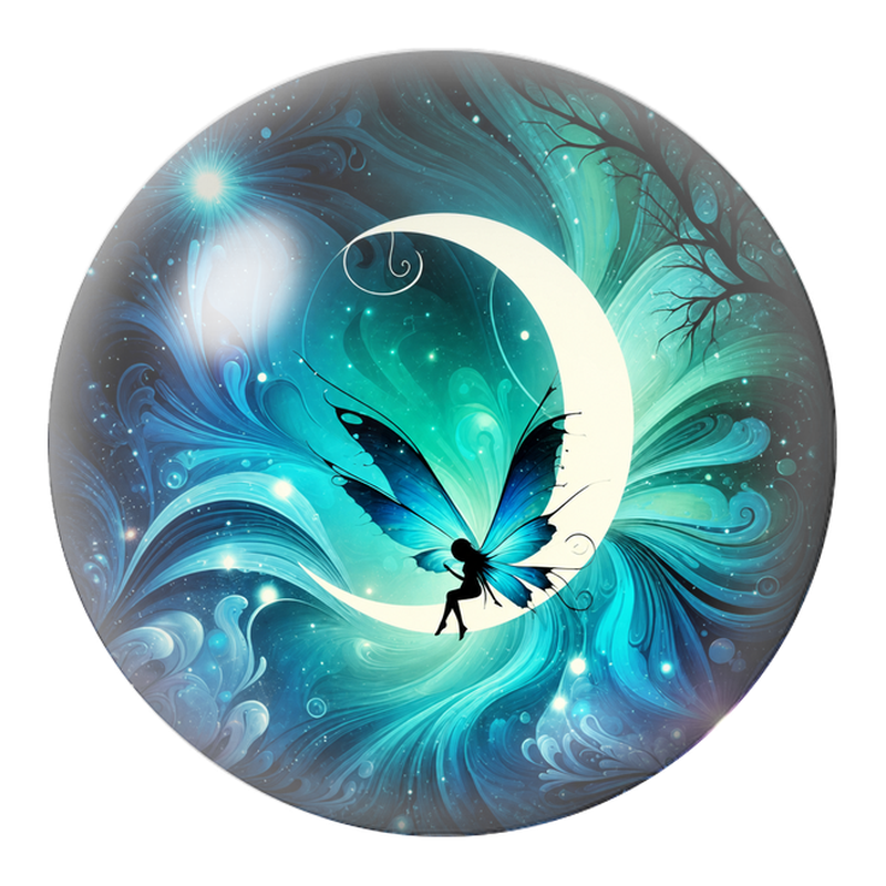 Cabochon en Verre Illustré Fée sur le Croissant Turquoise 12 à 25mm