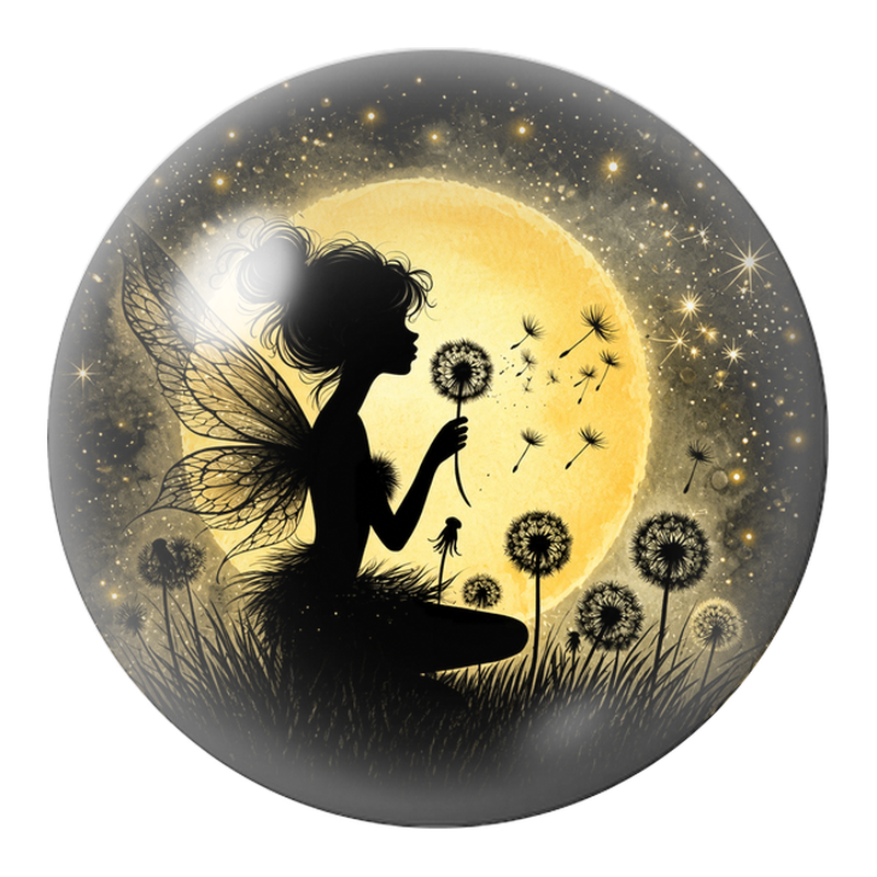 Cabochon en Verre Illustré Fée au Pissenlit dans la Nuit Dorée 12 à 25mm