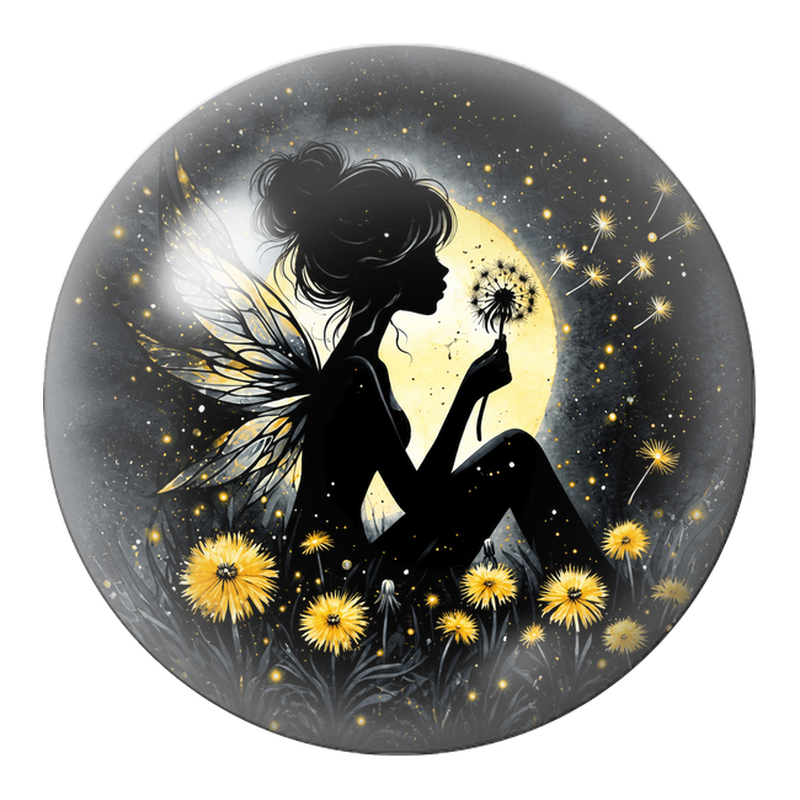 Cabochon en Verre Illustré Fée au Pissenlit parmi les Fleurs Dorées 12 à 25mm