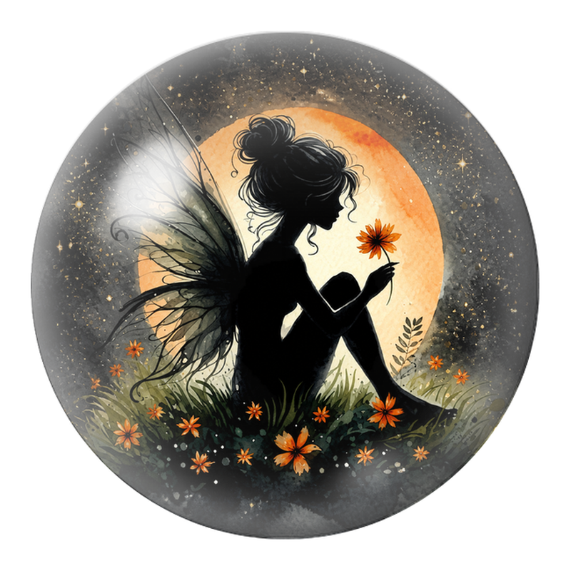Cabochon en Verre Illustré Fée à la Fleur Orange sous la Lune 12 à 25mm