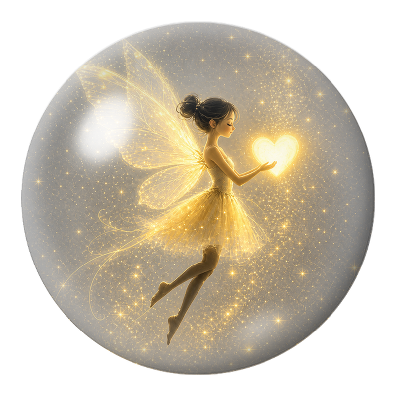 Cabochon en Verre Illustré Fée au Cœur de Lumière Dorée 12 à 25mm