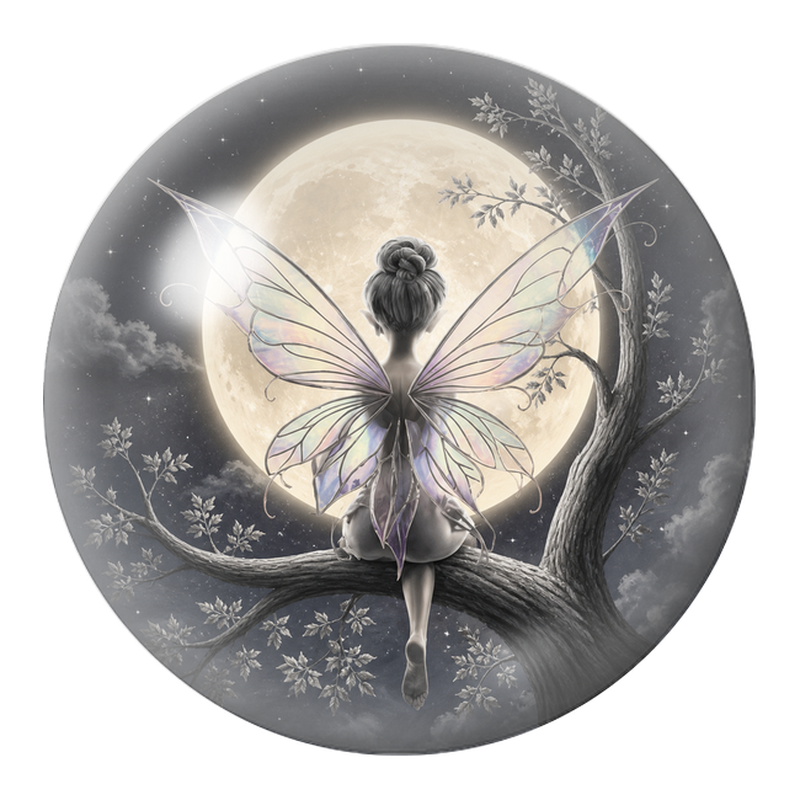 Cabochon en Verre Illustré Fée aux Ailes Irisées devant la Lune 12 à 25mm