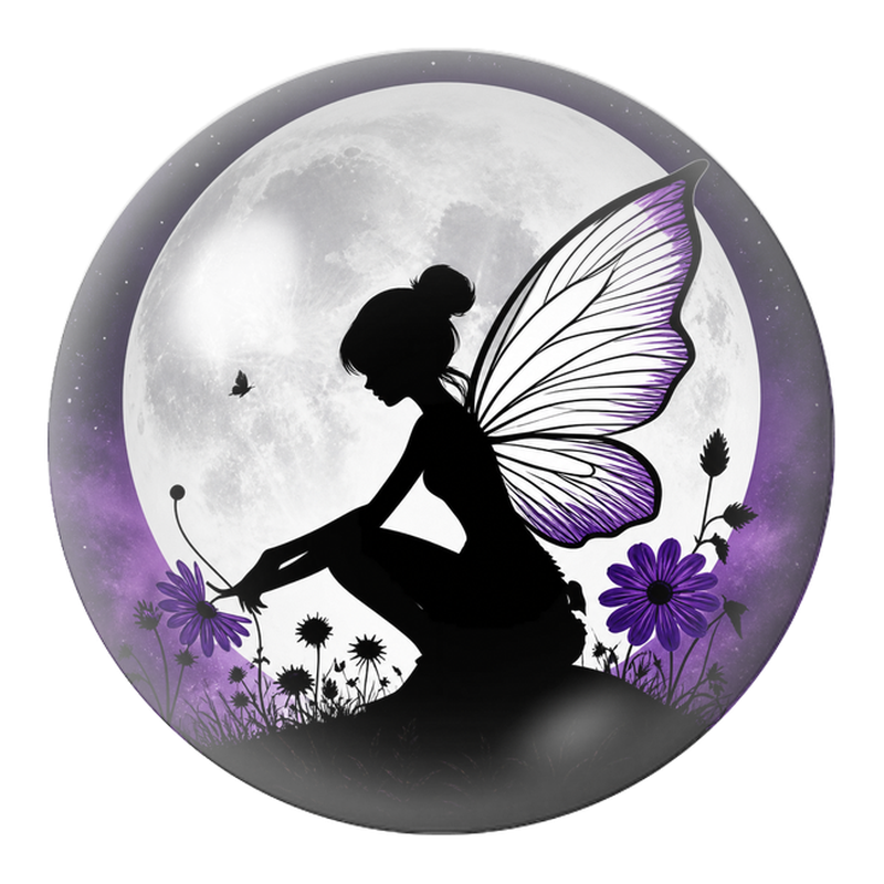 Cabochon en Verre Illustré Fée aux Fleurs Violettes devant la Lune 12 à 25mm