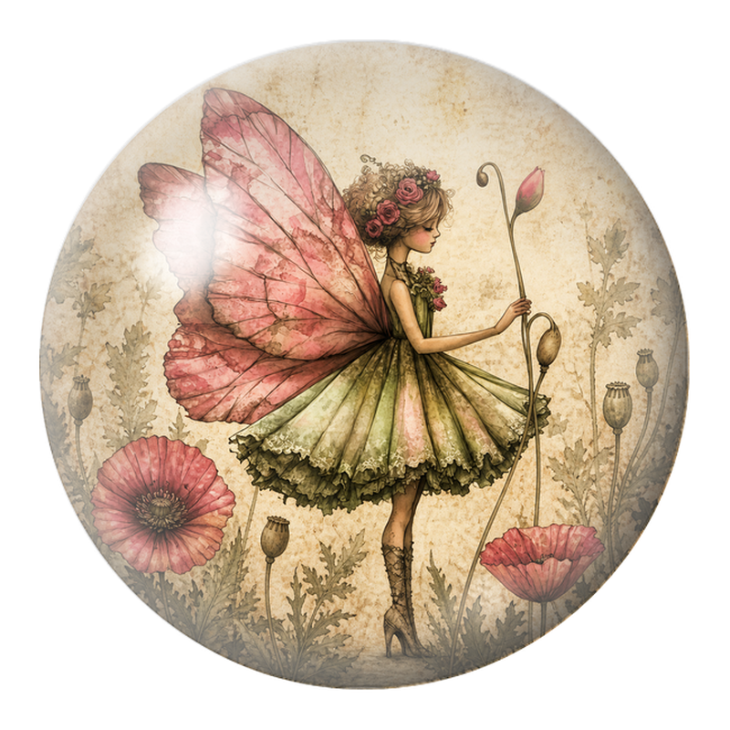 Cabochon en Verre Illustré Fée des Coquelicots Roses 12 à 25mm