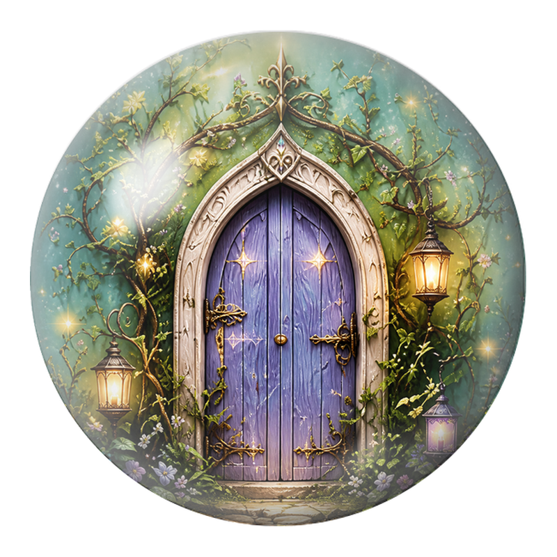 Cabochon en Verre Illustré Porte Féerique Violette dans la Forêt 12 à 25mm