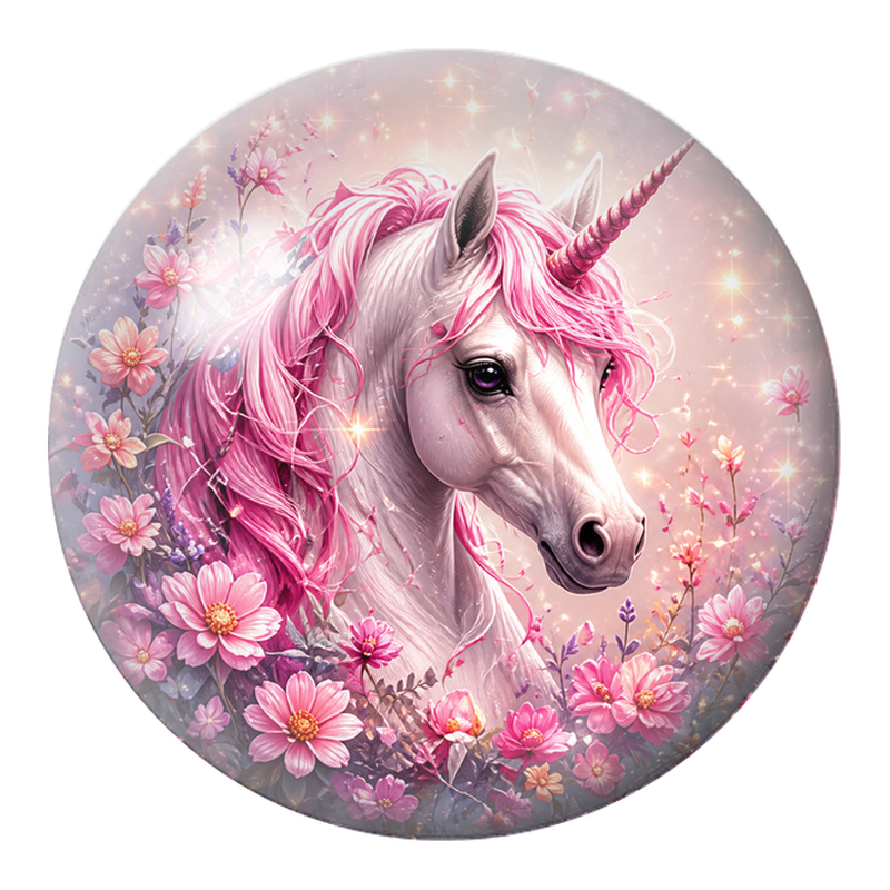 Cabochon en Verre Illustré Licorne Rose dans le Jardin Fleuri 12 à 25mm