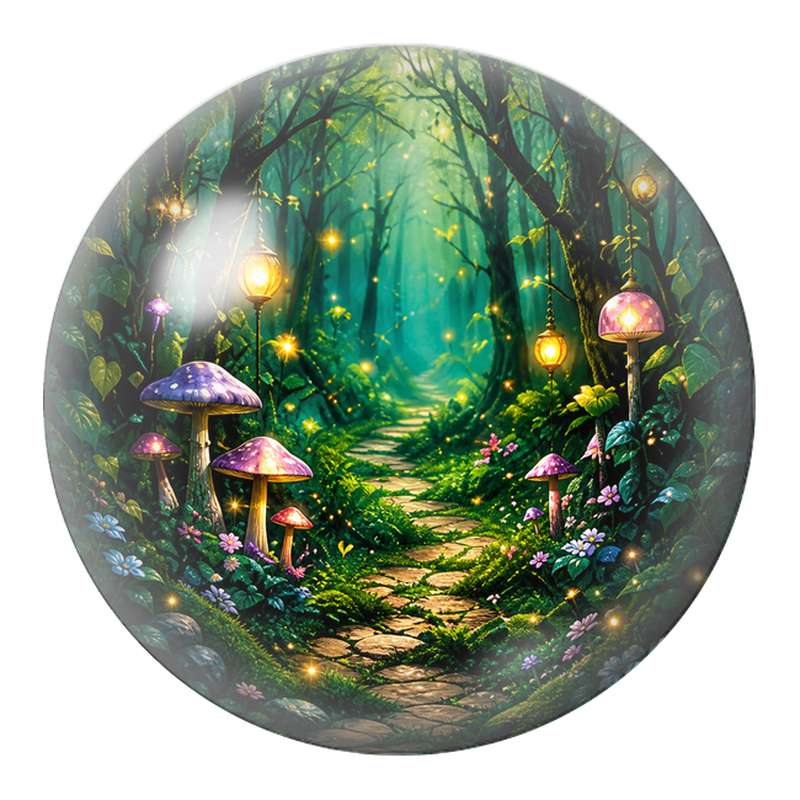 Cabochon en Verre Illustré Chemin Féerique aux Champignons Lumineux 12 à 25mm