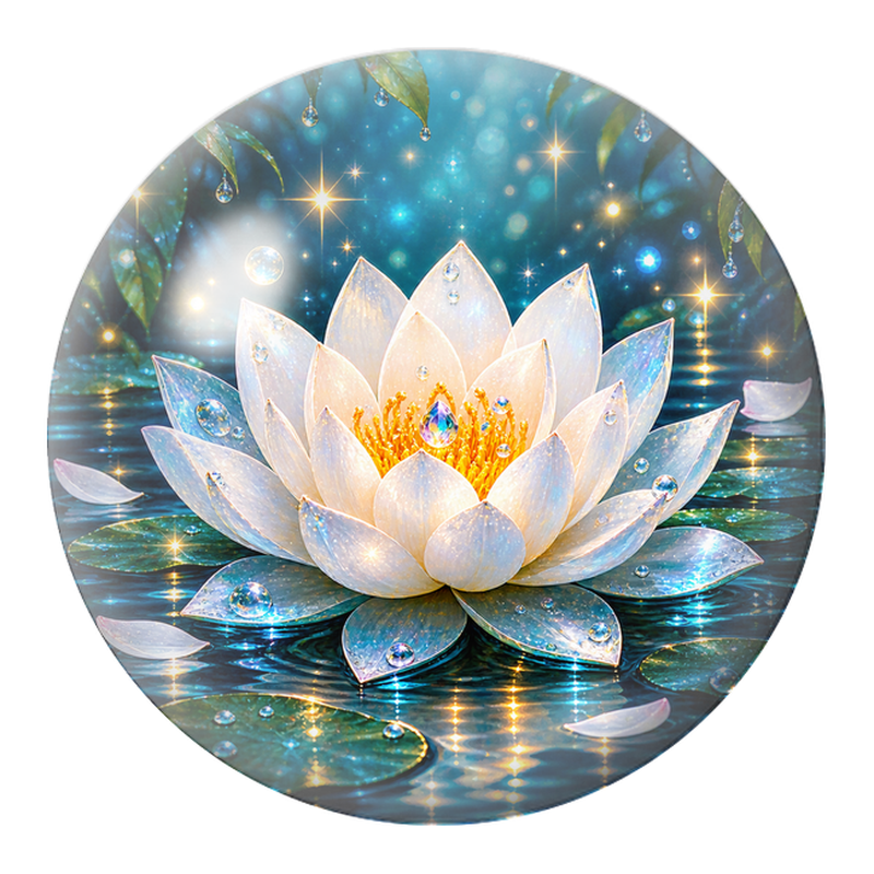 Cabochon en Verre Illustré Lotus Blanc de Cristal sur l'Eau 12 à 25mm