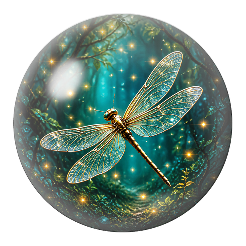 Cabochon en Verre Illustré Libellule Dorée dans la Forêt 12 à 25mm