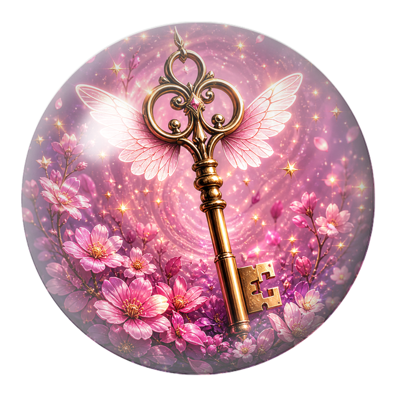Cabochon en Verre Illustré Clé Féerique aux Ailes Roses 12 à 25mm