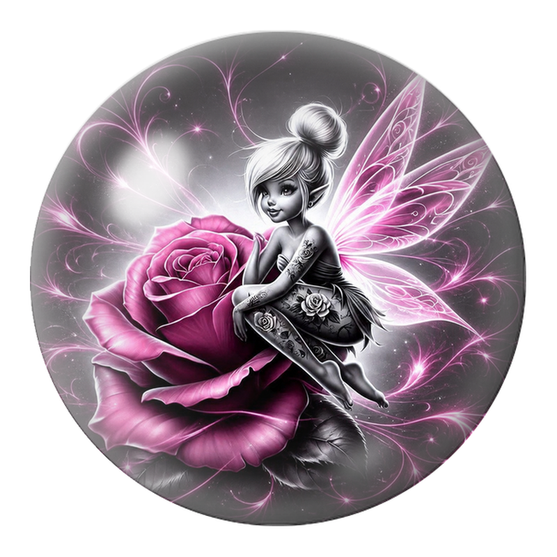 Cabochon en Verre Illustré Fée Tatouée sur une Rose Rose 12 à 25mm