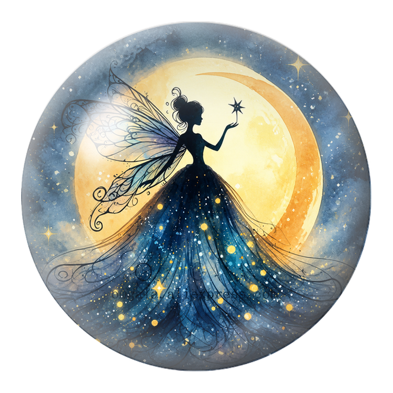 Cabochon en Verre Illustré Fée à l'Étoile devant la Lune Dorée 12 à 25mm