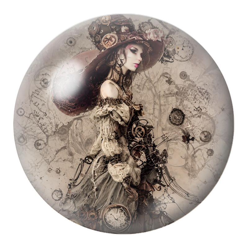 Cabochon en Verre Illustré Chapelière Steampunk aux Rouages 12 à 25mm