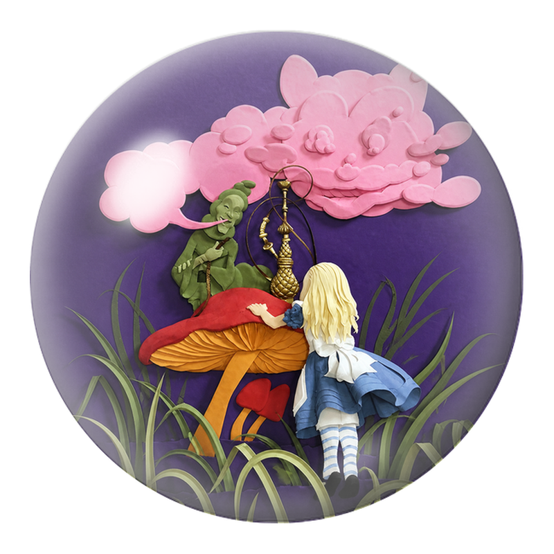 Cabochon en Verre Illustré Alice face à la Chenille et au Chat Rose 12 à 25mm
