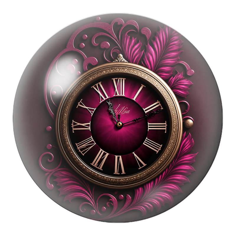 Cabochon en Verre Illustré Horloge Pourpre aux Feuillages Baroques 12 à 25mm