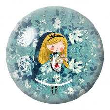 Cabochon en Verre Illustré Alice au Lapin Blanc dans les Fleurs Bleues 12 à 25mm pour la Création de Bijoux Fantaisie - DIY
