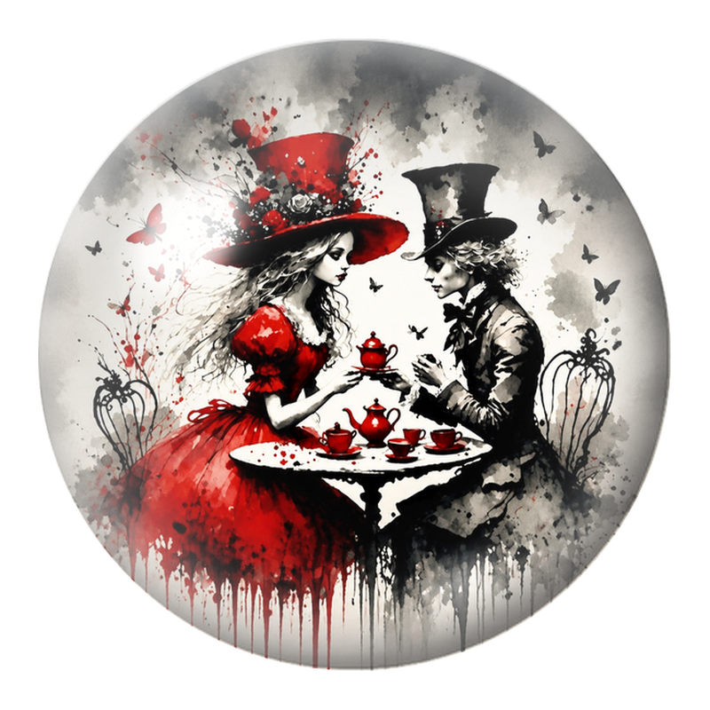 Cabochon en Verre Illustré Goûter d’Alice et du Chapelier en Rouge 12 à 25mm