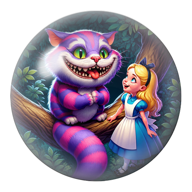 Cabochon en Verre Illustré Alice avec le Chat du Cheshire sur sa Branche 12 à 25mm