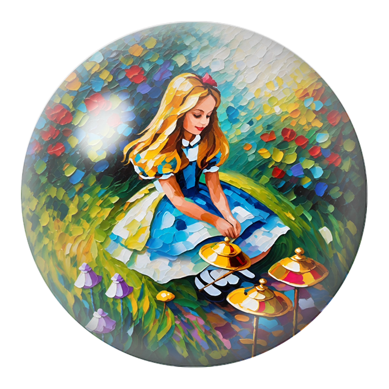 Cabochon en Verre Illustré Alice parmi les Champignons Dorés 12 à 25mm