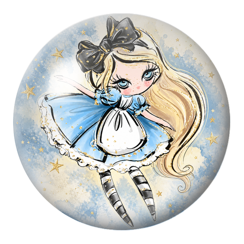 Cabochon en Verre Illustré Alice aux Étoiles Dorées 12 à 25mm
