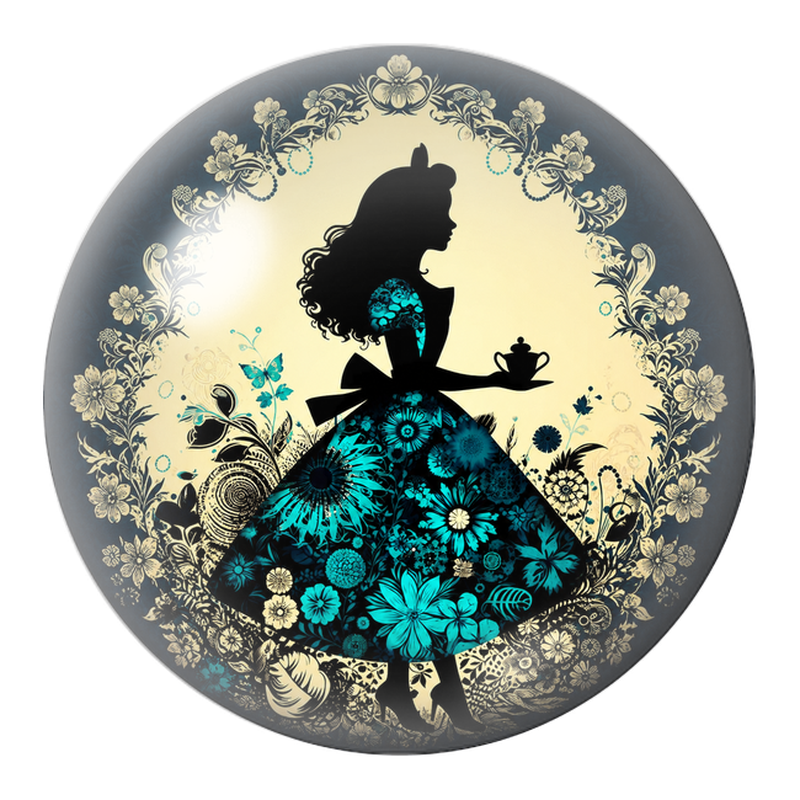 Cabochon en Verre Illustré Silhouette d’Alice à la Tasse de Thé 12 à 25mm