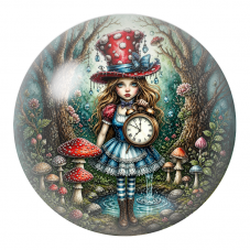 Cabochon en Verre Illustré Alice au Chapeau Champignon et à l’Horloge 12 à 25mm pour la Création de Bijoux Fantaisie - DIY