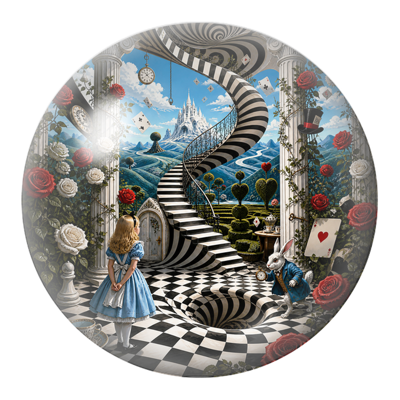 Cabochon en Verre Illustré Alice et le Lapin Blanc face à l’Escalier 12 à 25mm