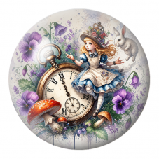 Cabochon en Verre Illustré Alice sur l’Horloge aux Pensées Violettes 12 à 25mm pour la Création de Bijoux Fantaisie - DIY