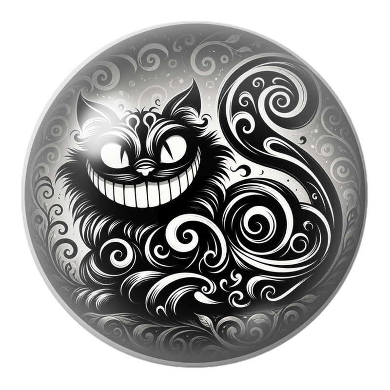Cabochon en Verre Illustré Chat du Cheshire Noir aux Volutes Blanches 12 à 25mm