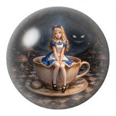 Cabochon en Verre Illustré Alice Assise dans une Tasse Géante 12 à 25mm pour la Création de Bijoux Fantaisie - DIY