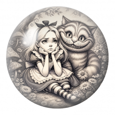 Cabochon en Verre Illustré Alice Boudeuse avec le Chat du Cheshire 12 à 25mm pour la Création de Bijoux Fantaisie - DIY