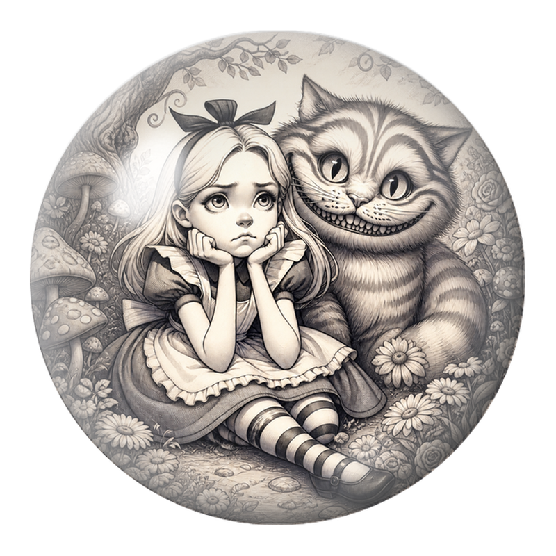 Cabochon en Verre Illustré Alice Boudeuse avec le Chat du Cheshire 12 à 25mm
