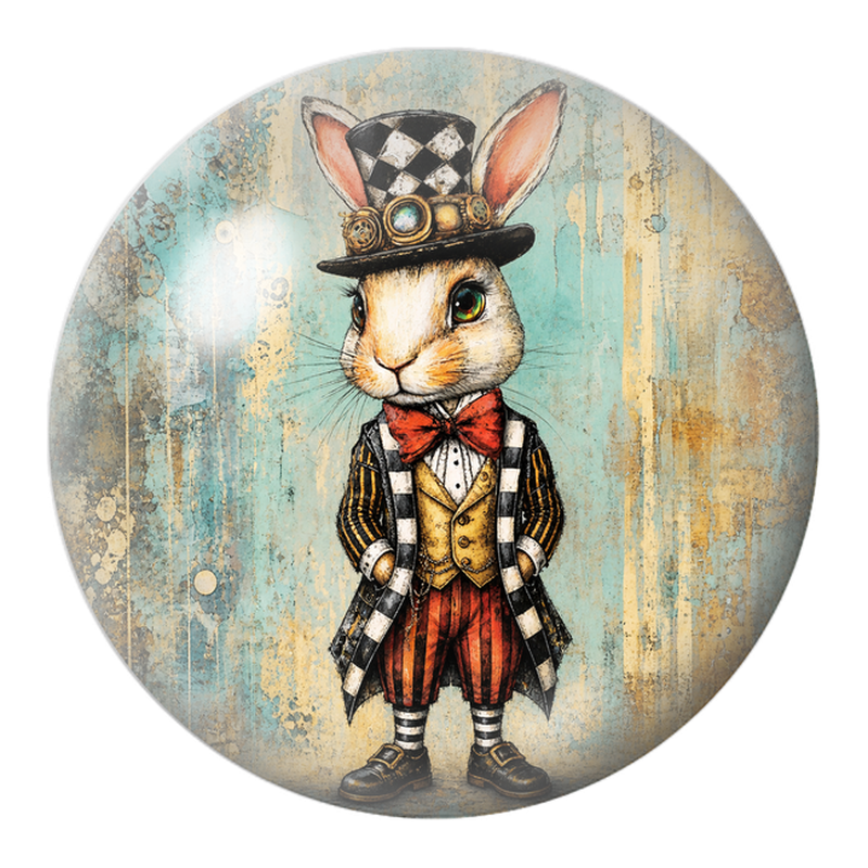 Cabochon en Verre Illustré Lapin Blanc au Haut-de-Forme à Damier 12 à 25mm