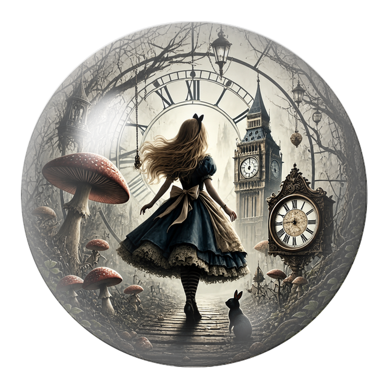 Cabochon en Verre Illustré Alice sur le Chemin des Horloges 12 à 25mm