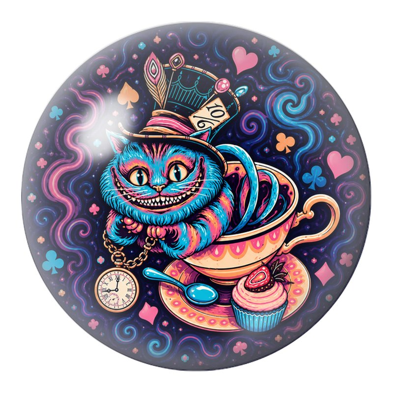 Cabochon en Verre Illustré Chat du Cheshire dans la Tasse du Chapelier 12 à 25mm