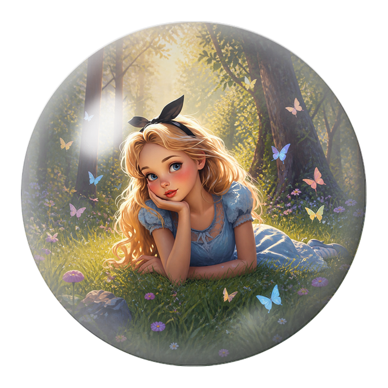 Cabochon en Verre Illustré Alice Rêveuse dans la Clairière aux Papillons 12 à 25mm